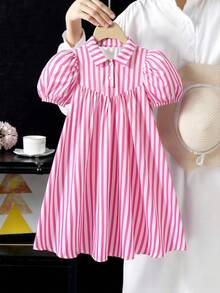 Girls' Short-Sleeved Pink And White Striped Summer Cute Birthday Dress,V-Neckline Ruched Puff Sleeves Lining Casual Parties Formal Events - Pink - View 2