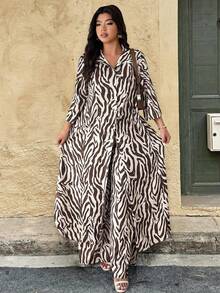 Weeklong Conjunto casual de 2 piezas con top holgado con botones delanteros y estampado integral y pantalones de pierna ancha para tallas grandes - Multicolor - Ver 6