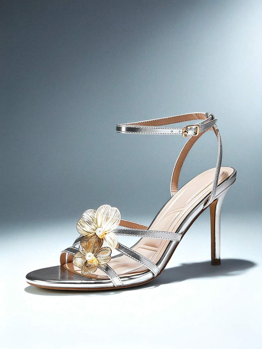 SHUZIA Women's Stiletto Heel Cushioned Insole 3D Metal Flowers Ankle Strap Metalic Pu Silver Dress Sandals – Elegant, Feminine & Event Ready - Silver - View 1