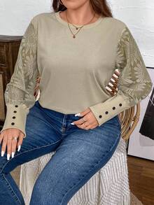 SHEIN LUNE توبات المرأة البدينة لموسم الخريف، ملابس علوية مرقعة بالكشكشة والدانتيل والجاكار ، أكمام فانوس ،فضفاضة وأنيقة للحزب واليومي للمرأة - لون مشمشي - مشاهدة 3