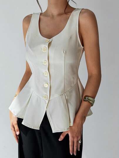 DAZY Chaleco elegante sin mangas de unicolor con bajo plisado, blusa de verano