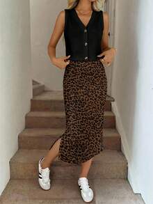 SHEIN LUNE Setelan 2 Potong Kardigan Kancing Motif Leopard Kasual Wanita, Cocok untuk Musim Semi/Panas, Pakaian Musim Panas untuk Wanita - MultiWarna - View 6