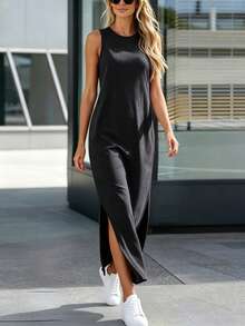 Silhoulove Vestido largo de fiesta de mujer de unicolor y cuello redondo de moda - Negro - Ver 2