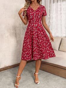SHEIN Clasi V领收腰前扣A字复古碎花连衣裙 - 紅色 - 查看 6