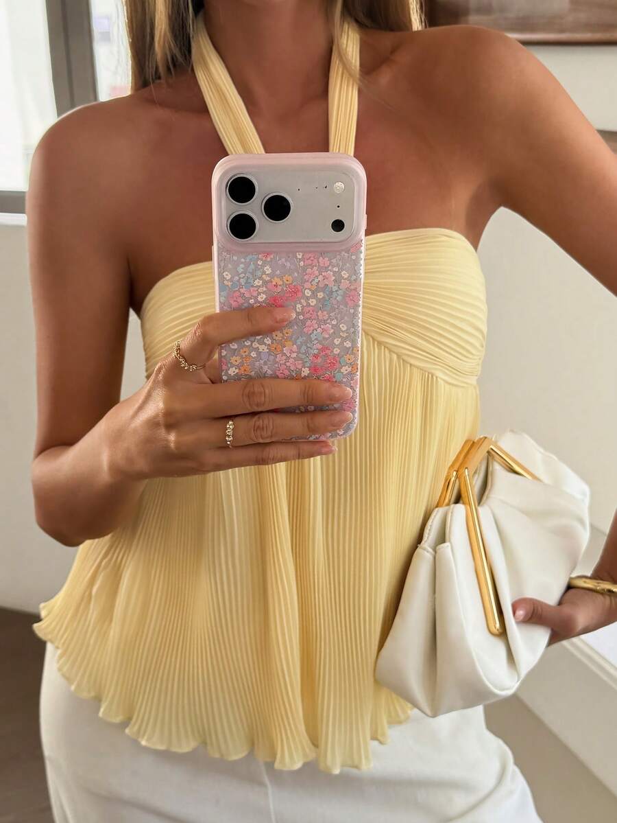 Livesso Tie-Neck Pleated Women Camisole Summer - Yellow - View 1