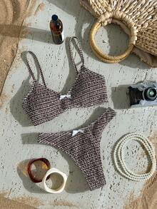 Swim Mod 2pcs Digital Print Halter Neck Bikini Set With Adjustable Straps And Thong Bottom, Fashionable & Sexy Swimwear - Multicolor - View 2