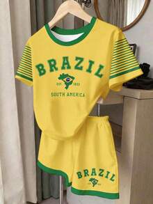 Summer Dopamine Brazilian Style Printed Short Sleeve Set, Casual Sports 2 Pieces, Yellow-Green Contrast Color Sports T-Shirt And Shorts - Black and White - View 2