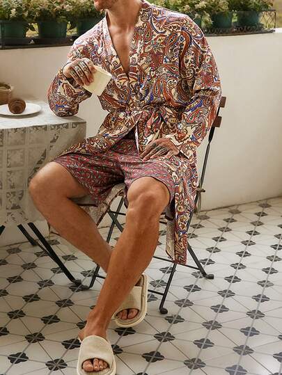 DAZY Men's Floral Print Robe And Shorts Pajama Set, Spring/Summer