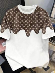 Manfinity Joysei Áo thun nam cỡ lớn kiểu retro Mỹ phối giả denim và họa tiết hoa, dáng rộng, cổ tròn, tay ngắn, thiết kế độc đáo, áo thun in hình unisex. - Nhiều màu - Xem 4