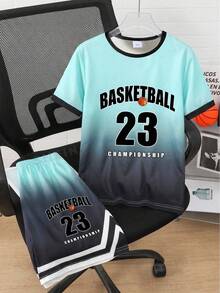 2pcs/Set Boys' Basketball 23 Gradient Tie-Dye Print Short Sleeve Round Neck T-Shirt And Shorts Set, Sports Casual For Spring/Summer - Multicolor - View 4