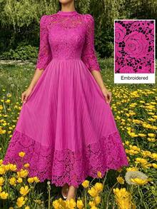 Modelyn Gaun Maxi Lengan Panjang Patchwork Bordir Eyelet Kuning untuk Wanita - Hot Pink - View 11