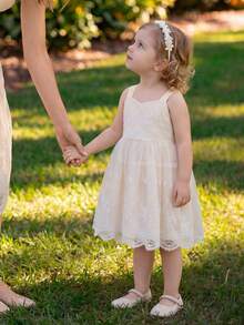 SHEIN Glamorique Kids 女婴公主裙，香槟色薄纱裙，吊带裙，花童，生日派对，婚礼，无袖，刺绣花边，后背蝴蝶结 - 白色 - 查看 3