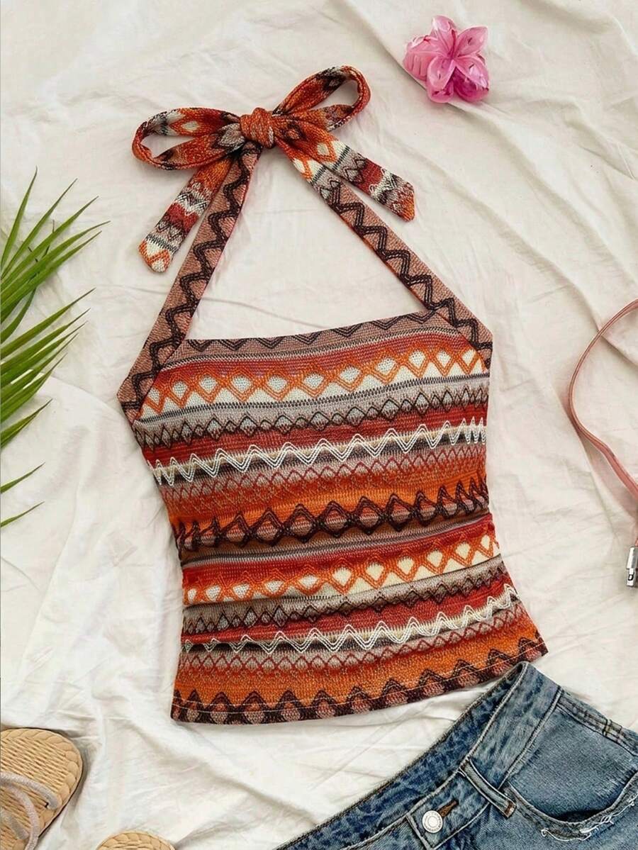 Top de tirantes de punto de cuello halter a rayas de colores para niñas preadolescentes - Naranja - Ver 1