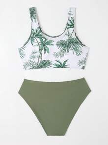Teen Girl Tree Pattern Bikini Set Summer Beach Kids Swimming ,Kids Beachwear - Army Green - View 2