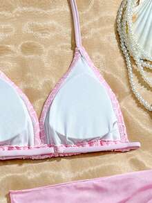 SHEIN 1件套少女花卉3D弹力舒适针织特殊面料泳装套装，适合海滩、泳池、海边、度假、夏季、旅行 - 粉色 - 查看 4