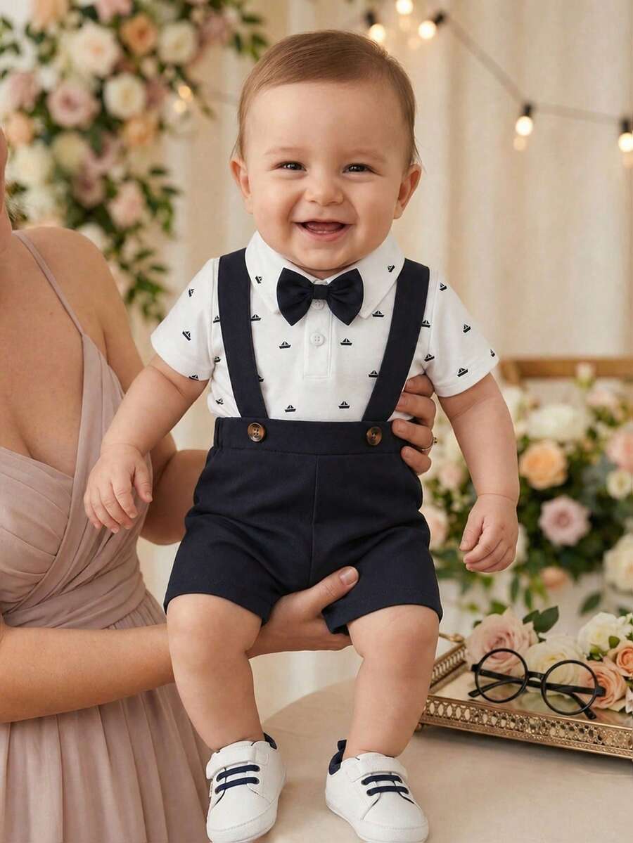 SHEIN Playful Pals 一件男婴连体衣，配领结，黑白三角图案短袖衬衫领黑色领结设计，可爱藏蓝色背带短裤，绅士风格