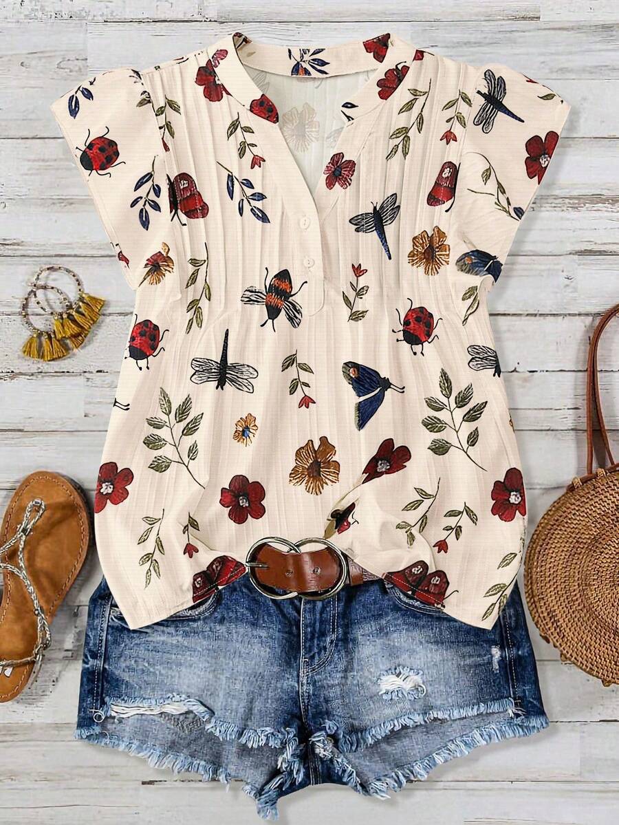 SHEIN CURVE+ Plus Size Versatile Textured Fabric Insect Print Plus Size Shirt - Multicolor - View 1