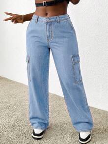 SHEIN SXY Plus Size Women High Waist Loose Baggy Jeans With Large Pockets - Light Wash - View 3