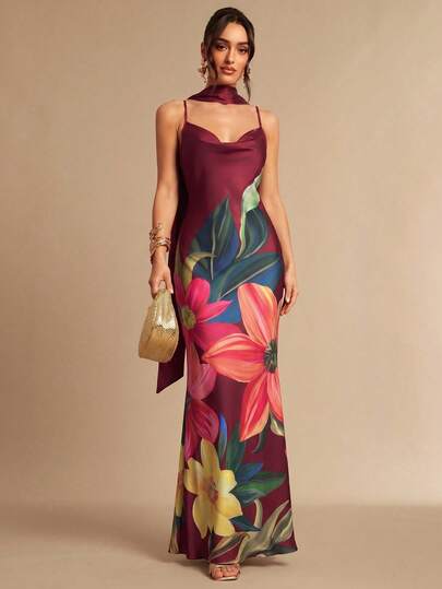 Silquee Vestido Elegante Feminino com Estampa Floral de Alça Fina e Costas Abertas para Festa
