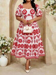 Fleurora Plus Size Elegant Red Floral Print White Summer Dress,Tea Party Resort Beach Dresses For Women,Spanish Style Casual Vacation Outfits Classic Gown - Multicolor - View 3