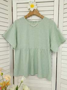 SHEIN EZwear Green Striped Woven Women's Shirt,Summer Top - Green - View 5