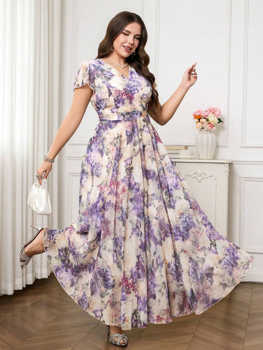 Reflora Vestido floral elegante para mujer de talla grande, vestido de invitada de boda de verano