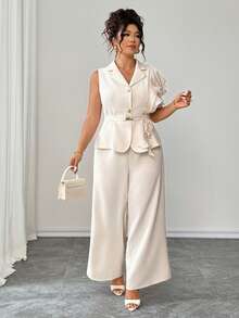 Elenzga Plus Size Women Summer Elegant 2-Piece Suit Set,White,Autumn,Basic,Office,Apricot & Champagne Ruffle One-Shoulder Jacket & Wide Leg Pants  Waist Belt - Apricot - View 4