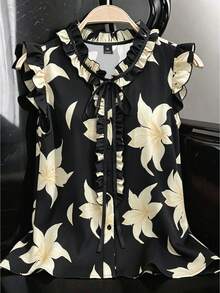 SHEIN Clasi CURVE Large-Sized Woven Casual Elegant Summer Women's Shirt Tea Party Black - Black - View 4