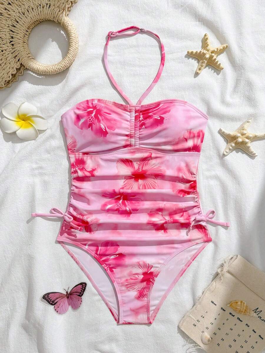 SHEIN 2件装女童热带花卉图案弹力速干舒适针织面料连体泳衣（适合青少年女孩），适合海滩、泳池、海边、冲浪、度假、夏季旅行 - 淺粉色 - 查看 1