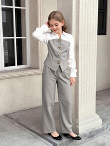 SHEIN 2件套少女休闲优雅撞色两件套衬衫裤装，适合秋冬季外出和通勤，母女装 - 灰色 - 查看 2