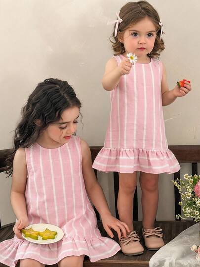 LMoss Kids Đầm không tay cổ tròn kẻ sọc hồng cho bé gái, kiểu dáng thường ngày.