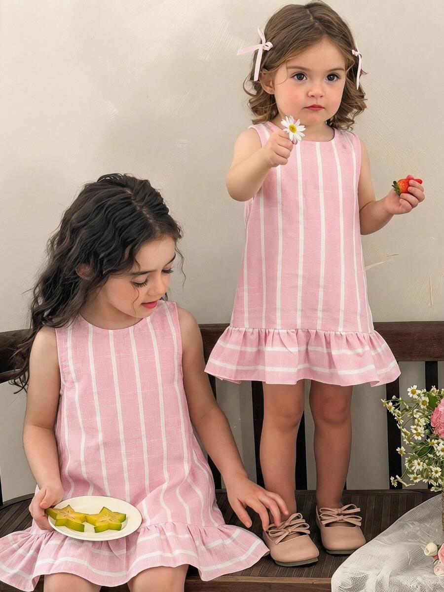 LMoss Kids 女婴粉色条纹无袖圆领休闲连衣裙 - 粉色 - 查看 1