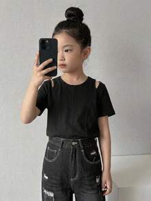 Dazy Kids Áo thun dệt kim tay ngắn cổ tròn in họa tiết dành cho bé gái (size nhỏ), mùa hè. - màu đen - Xem 4