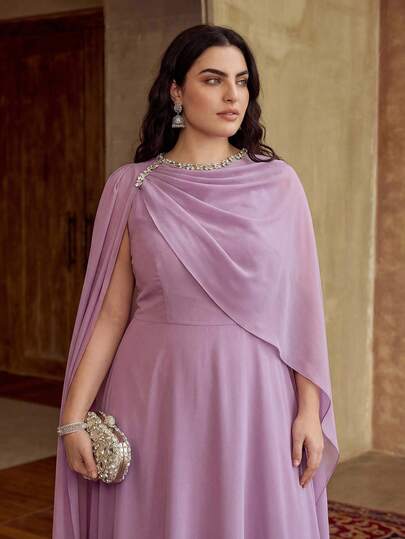ZEYLAH Elegant Romantic Diamond Chain Decor 2 In 1 Long Dress, Spring/Summer