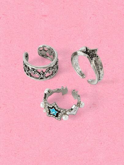 Popjeli 3pcs/Set Vintage Star Decor Open Ring For Women's Daily Wear