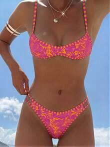 Swim Mod Women's Spaghetti Strap Orange Floral Print Sexy Beach Vacation Swimwear Set - Multicolor - View 3