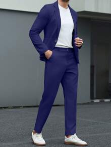 Manfinity Mode Bộ vest nam màu xám nhạt cổ chữ V, kiểu dáng thường ngày, thích hợp cho mùa xuân/hè. - Xanh đậm - Xem 4