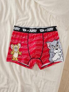 TOM & JERRY X SHEIN 男士平角内裤，提花腰带，适合年轻人的舒适内裤 - 紅色 - 查看 1