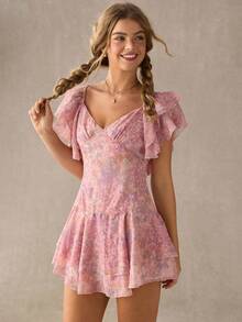WESTFADE Floral Print Country V Neck Ruffle Sleeve Mini Dress, Pink Dress For Women, Floral Dresses For Women - Pink - View 4