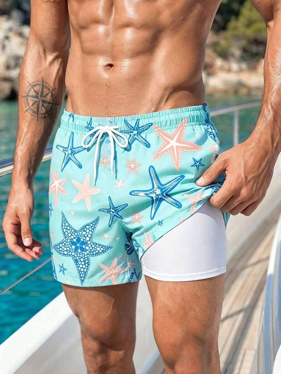 Manfinity KASUA Men's Starfish Print Casual Beach Shorts - Teal Blue - View 1