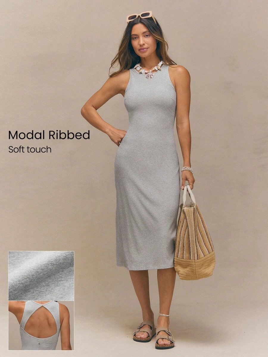 Đầm maxi hở lưng Modal gân sọc Sunset Hour mềm mại, co giãn, thoáng khí với mút ngực có thể tháo rời, thích hợp mặc hàng ngày. - Xám - Xem 1