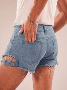 FeverCity Quần short denim nam mùa hè, phong cách thường ngày, thời trang đường phố, rách tua rua, có chi tiết khóa cài. - Màu xanh lam - Xem 7