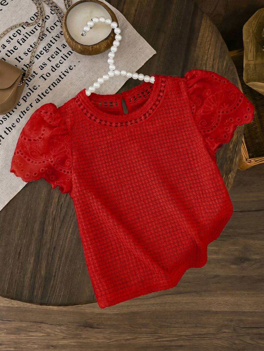 SHEIN LMoss Kids LMoss Young Girl Knitted Solid Color Round Neck Lace Ruffle Trim Fitted T-Shirt - Red - View 1