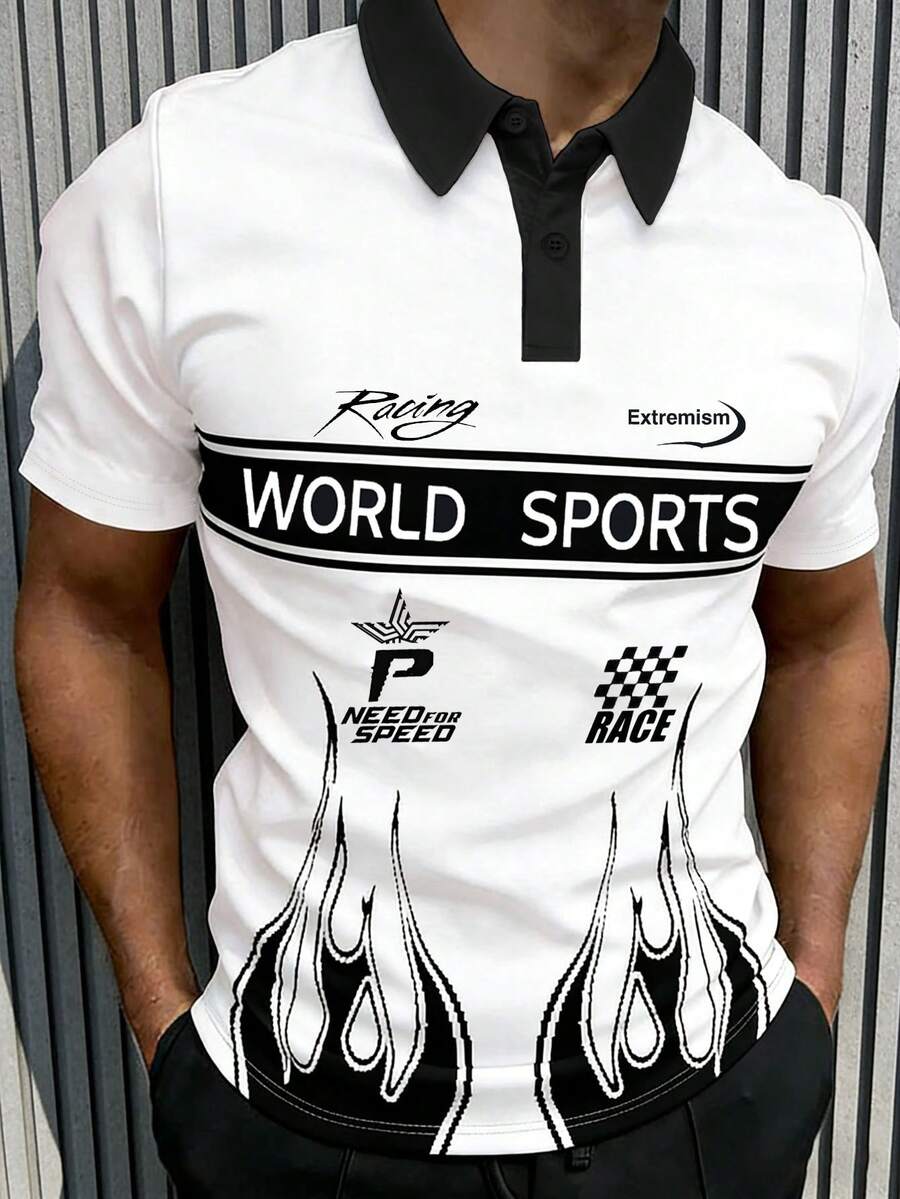 Manfinity Dauomo Men's Letter & Flame Element Digital Print Polo Shirt - Multicolor - View 1