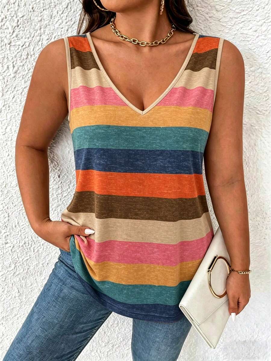 EMERY ROSE Women's Light Blue Striped Casual Vest Multi-Color Pattern Summer Boho Vacation Style,Fashionable Sleeveless Top For Commuting And Daily Wear Gift - Multicolor - View 1