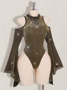SHEIN ICON Plus Size Stand Collar Exaggerated Flare Sleeve Sheer Metallic Bodysuit, Suitable For Music Festivals And Parties - Gold - View 6