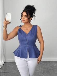 Elenzga Plus Size Women Metal Button Closure Pearl Decor Fitted Blouse Royal Blue Peplum - Blue - View 7