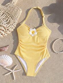 SHEIN Tween Girl Halter Textured Floral Decor One-Piece Swimsuit,Flower Bathing Suits,Yellow Swimwear,One Piece Swim Swimsuits - Yellow - View 3