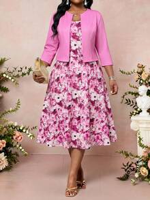 SHEIN Lady 大码优雅派对纯色上衣和印花连衣裙两件套 - 粉色 - View 4