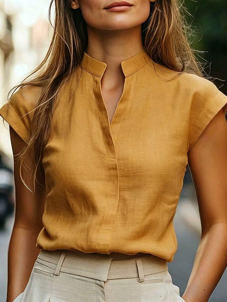 EMERY ROSE Women's Solid Color Mandarin Collar Short Sleeve Half-Placket Casual Blouse, Summer - Yellow - View 1